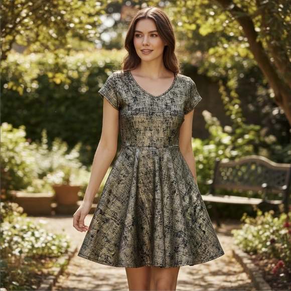 Rolla Coster ✦ Metallic Fit & Flare Mini ✦ Black w/ Gold Shimmer & Cutout Back S - Picture 1 of 17